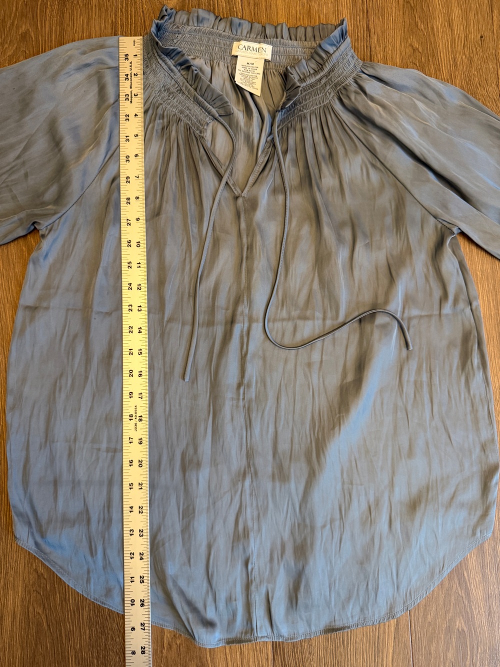 Carmen Marc Valvo Slate Blue Satin Blouse Ruffle Smocked V Neck Long Sleeve M - Picture 6 of 9
